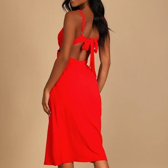 Lulus NWOT Bold New Look Bright Red Tie-Back Cut-Out Full Midi Swing Dress XS - Picture 5 of 10